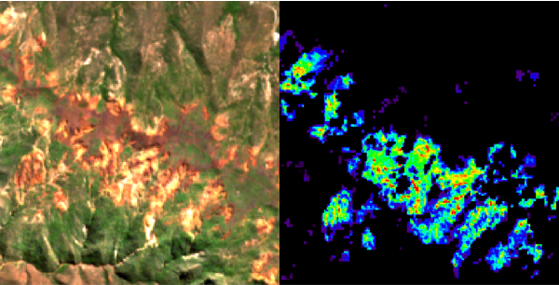 Rock outcrop seen in true colour (left), ferric oxide abundance seen in red (right)