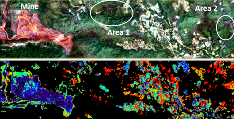 Mineral Exploration area seen in true colour (top), pathfinder mineral gossan abundance seen in red (bottom)