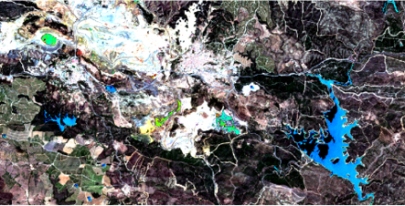 AMD in water bodies close to the mine seen in green, whereas clean water seen in blue