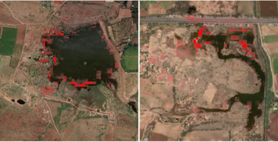 Tailing contamination in water bodies seen in red