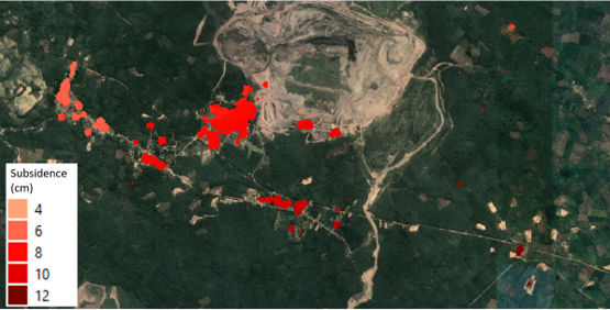 Mining induced subsidence measured near a coal mine over a period of two years.